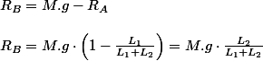 R_{B}=M.g-R_{A}
 \\ 
 \\ R_{B}=M.g\cdot\left(1-\frac{L_{1}}{L_{1}+L_{2}}\right)=M.g\cdot\frac{L_{2}}{L_{1}+L_{2}}